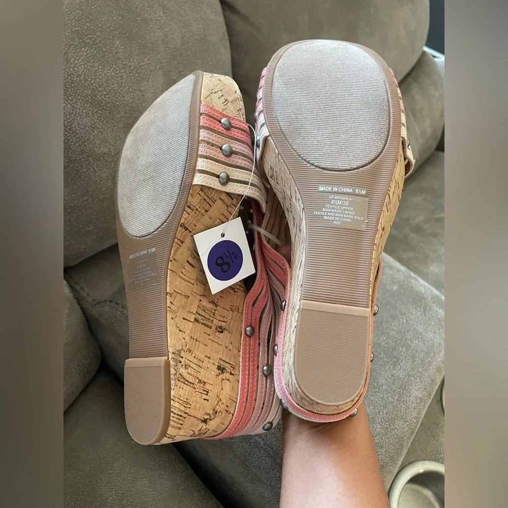 Lucky Brand Sandals Womens 8.5 M Mykayla Cork Wedge Heels Slide Slip On Pink - Picture 4 of 4